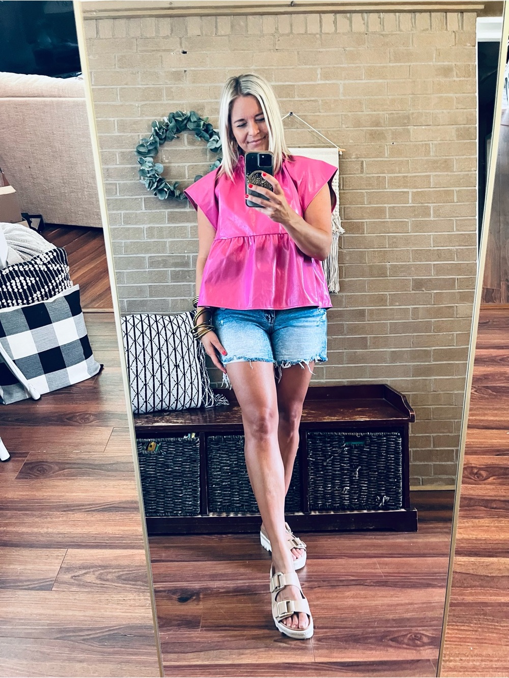 THML Hot Pink Ruffle Neck Peplum Tunic